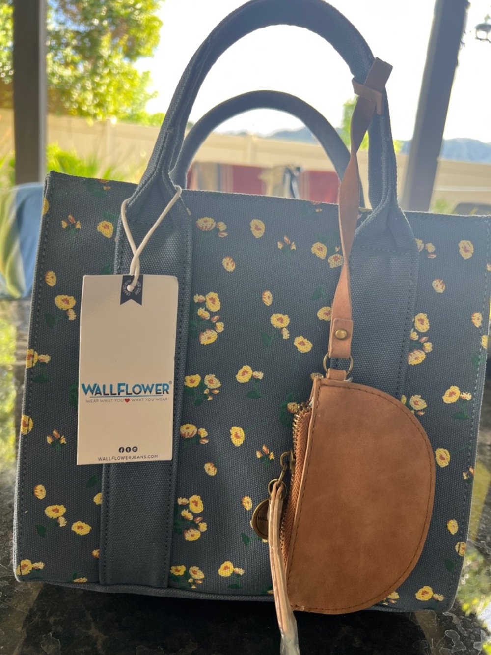 Wallflower Navy Floral Tote with Tan Pouch